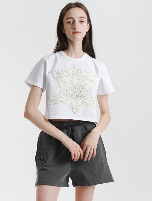 Women's Le Lisse Embroidered Single Crop Tee White Cream (FCC2TS429W)