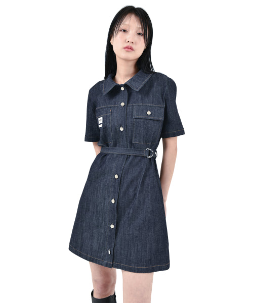 데일리 데님 미니 원피스 진청 반팔 _S M