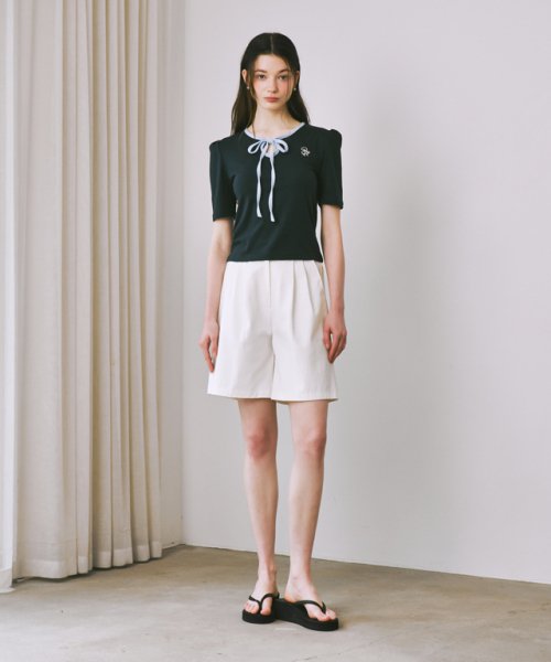 STRING RIBBON PUFF SLEEVE T-SHIRT NAVY BLUE