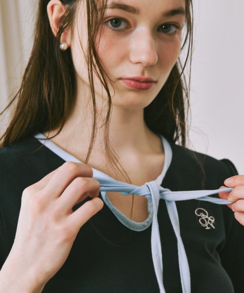 STRING RIBBON PUFF SLEEVE T-SHIRT NAVY BLUE
