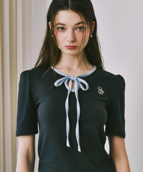 STRING RIBBON PUFF SLEEVE T-SHIRT NAVY BLUE