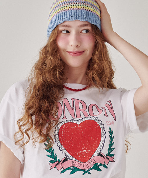 RONRON HEART LAUREL OVER FIT T SHIRT WHITE