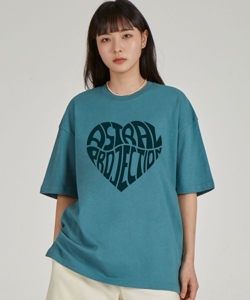 Big Heart Logo Round Neck 15 Count Cotton Short Sleeve T-Shirt_Blue Green