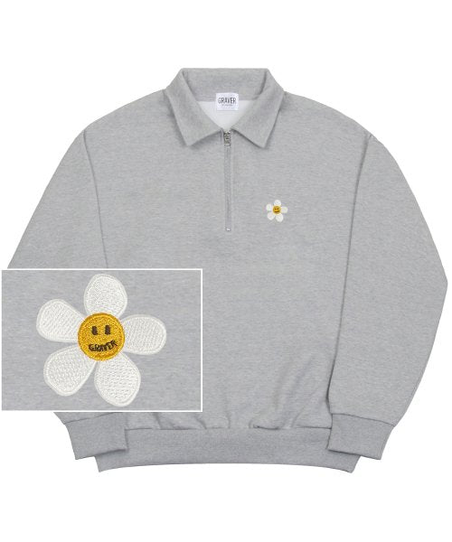 [UNISEX-P] Flower Dot Embroidery Collar Half Zip-up Man to Man_Gray