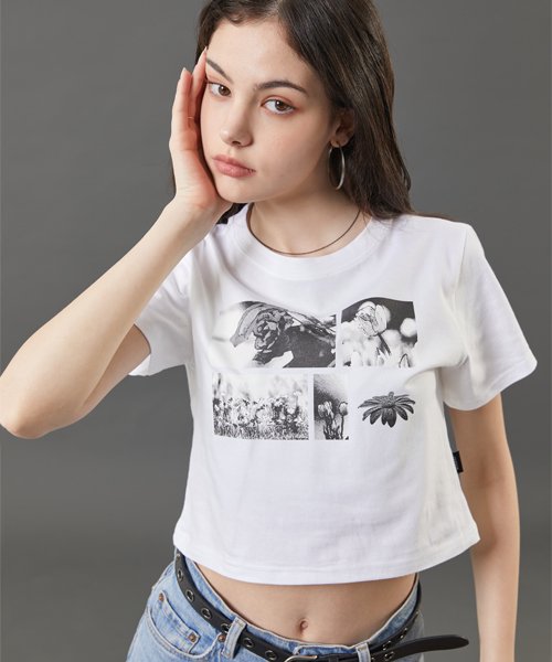 WOMEN Crop Black and White Flower Graphic Short Sleeve T-shirt [WHITE]