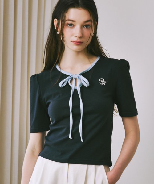STRING RIBBON PUFF SLEEVE T-SHIRT NAVY BLUE