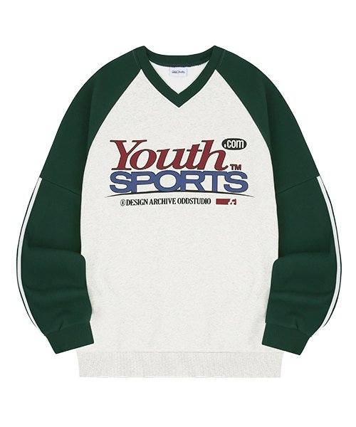 Youth Sports Track V-Neck Raglan Overfit Man to Man - OATMEAL/GREEN