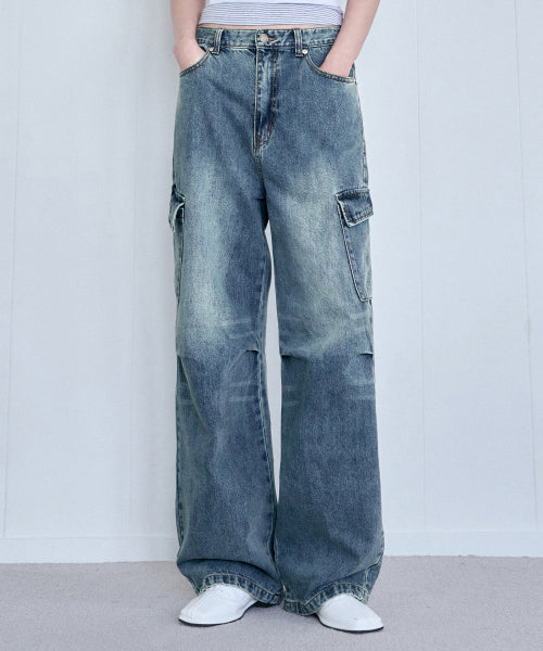 SANDED CARGO WIDE DENIM PANTS [VINTAGE BLUE]