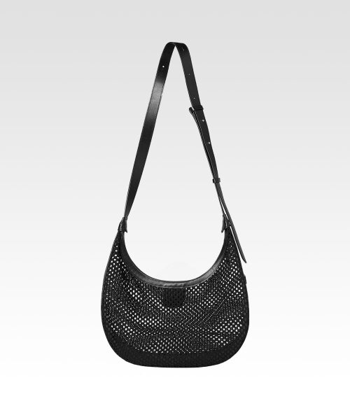 Mini Crescent Mesh Panel Leather Bag Black