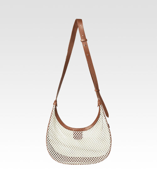 Mini Crescent Mesh Panel Leather Bag Tan Brown