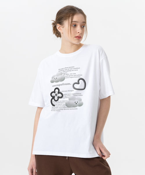 Mono 3D Cloud Print Overfit Short Sleeve T-Shirt White
