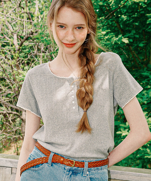 TORCHON LACE HENRYNECK T SHIRT GRAY
