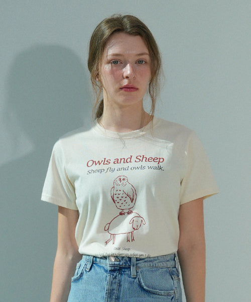 Owl &amp; Sheep Art Work Printing T-shirt (Light_beige)