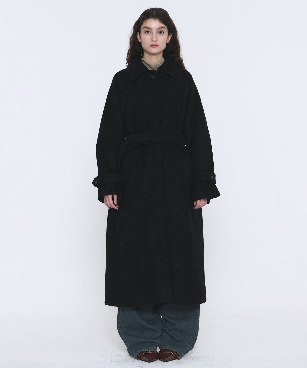 Raglan Boucle Fleece Wool Blend Balmacaan Belted Robe Long Coat [Black]