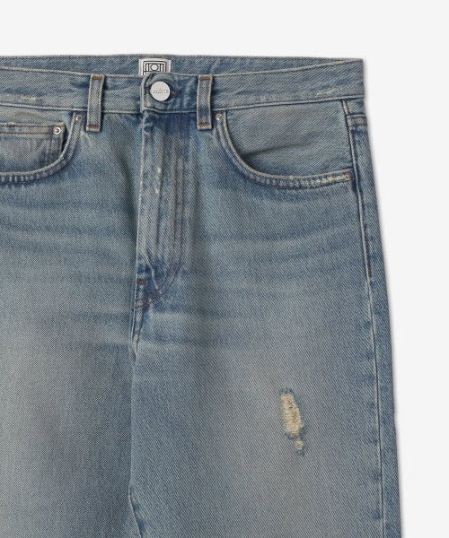 Distressed Twisted Seam Denim Pants - Light Blue / 213232741404