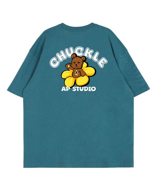 Back Chuckle Bear Round Neck 15 Count Cotton Short Sleeve T-Shirt_Blue Green