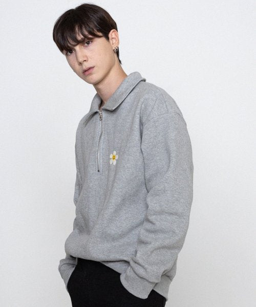 [UNISEX-P] Flower Dot Embroidery Collar Half Zip-up Man to Man_Gray