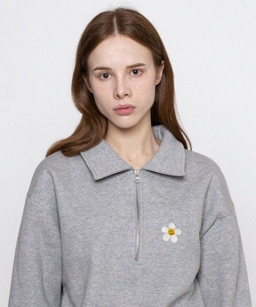 [UNISEX-P] Flower Dot Embroidery Collar Half Zip-up Man to Man_Gray