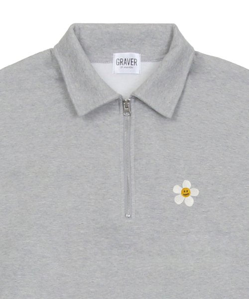[UNISEX-P] Flower Dot Embroidery Collar Half Zip-up Man to Man_Gray