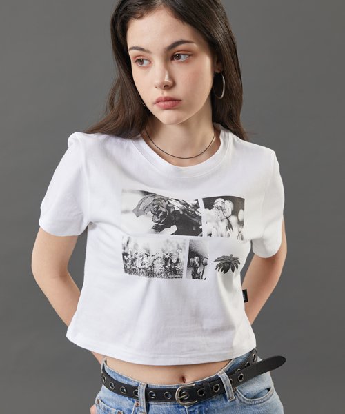 WOMEN Crop Black and White Flower Graphic Short Sleeve T-shirt [WHITE]
