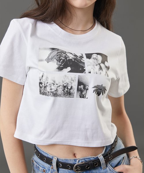 WOMEN Crop Black and White Flower Graphic Short Sleeve T-shirt [WHITE]