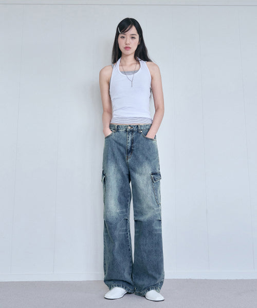 SANDED CARGO WIDE DENIM PANTS [VINTAGE BLUE]