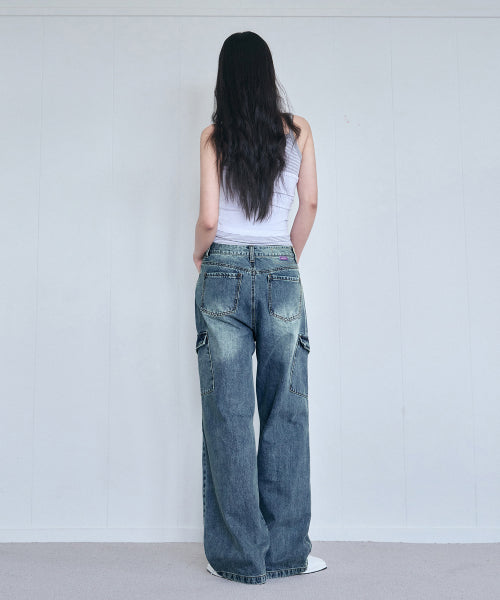 SANDED CARGO WIDE DENIM PANTS [VINTAGE BLUE]