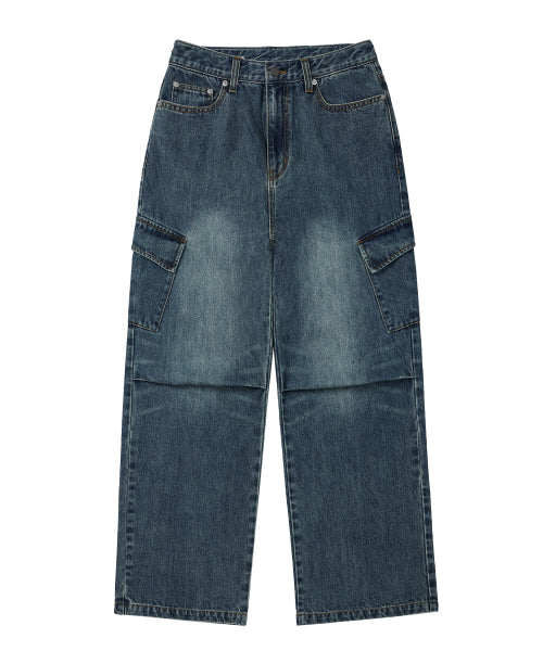 SANDED CARGO WIDE DENIM PANTS [VINTAGE BLUE]