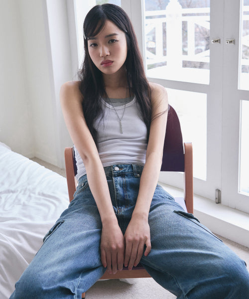 SANDED CARGO WIDE DENIM PANTS [VINTAGE BLUE]