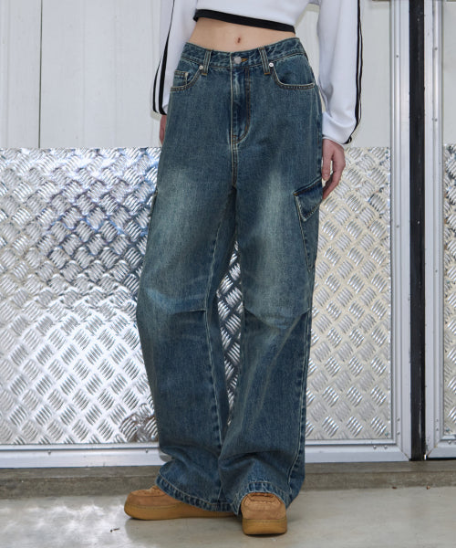 SANDED CARGO WIDE DENIM PANTS [VINTAGE BLUE]