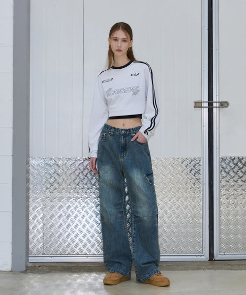 SANDED CARGO WIDE DENIM PANTS [VINTAGE BLUE]