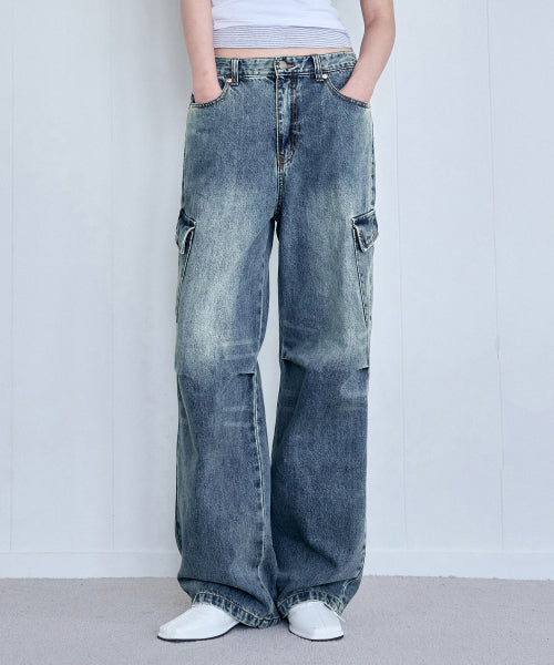 SANDED CARGO WIDE DENIM PANTS [VINTAGE BLUE]