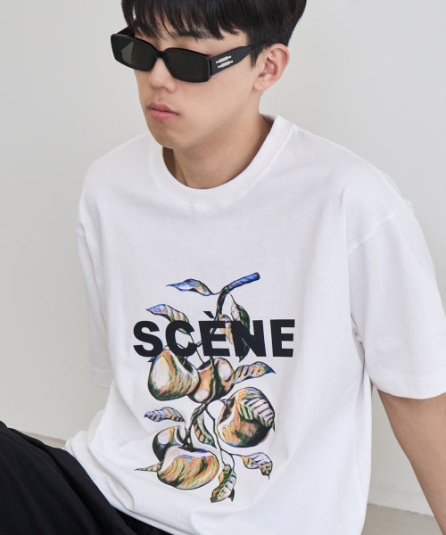 [UNISEX] Thin Apple Tree Graphic Short Sleeve T-Shirt (CREAM WHITE)